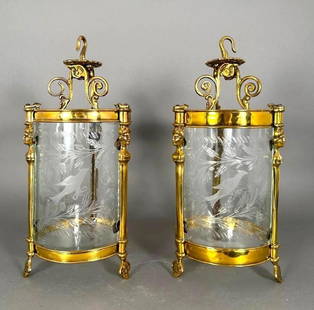 Pair of Spanish Engraved Glass and Brass Lanterns, 19thc.: Pair of Engraved Glass and Brass Hanging Hurricane Lanterns, possibly Spanish, 19thc. The circular brass forms cast with female mask caryatids, fitted with clear curved glass panels engraved with