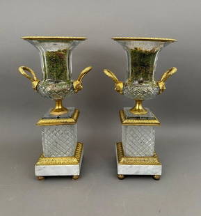 Pair of Large Cut Glass, Gilt Bronze and Marble Urns: Pair of Large Cut Glass, Gilt Bronze and Marble Urns, Modern, of campana form with paneled neck, over a diamond pattern cut base, fitted with gilt bronze handles cast as satyr masks, on squared