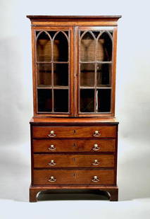 Fine Georgian Mahogany Miniature Secretary Bookcase, c.1800: Fine Georgian Mahogany Miniature Secretary Bookcase, c.1800, the top with molded cornice over a pair of hinged glazed doors with arched mullions, the lower part with four graduated long drawers, on a