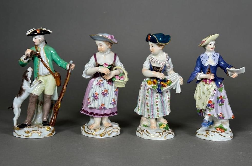 Four Meissen Porcelain Figures, Early 20thc.: Four Meissen Porcelain Figures, Early 20thc. Comprising a Hunter with Dog and Gun, a Dancing Woman holding a sheet of music, and two young girls emblematic of seasons, one with a basket of flowers and