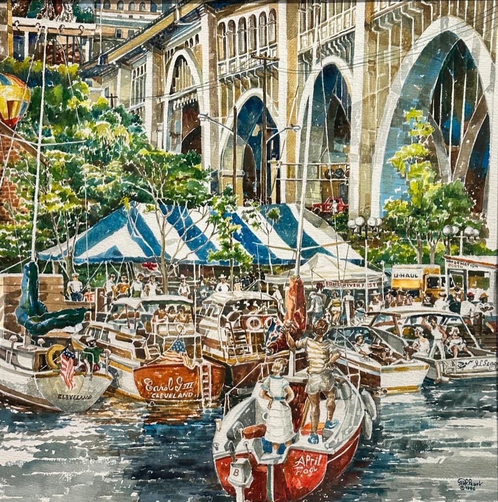 Moses P. Pearl Watercolor, "Riverfest '86, Detroit Superior Bridge" (1 of 9)