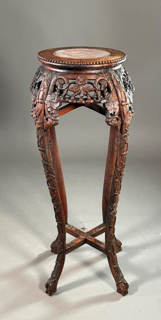 Chinese Carved Teak Marble Top Stand (1 of 7)