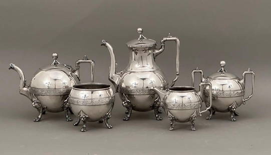 Reed and Barton Five Piece Silver Plated Tea Service, 19thc.: Reed and Barton Five Piece Silver Plated Tea Service, 19thc. Aesthetic Movement style, comprising teapot, coffeepot, covered sugar, creamer and wastebowl, all of globular form decorated with a band in