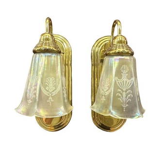 A Steuben Calcite Glass Shade and Wall Sconces: Pearlescent Calcite glass, etched Neoclassical decoration, with bay leaf swags, ribbons and oval portrait medallions, three suspension chains, the interior with three light fixtures. Lot also includes