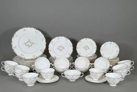 Royal Doulton "Monteigne" Pattern Dinner Service: Royal Doulton &#34;Monteigne&#34; Pattern Dinner Service, Comprising; 12 Dinner plates, 10.5 in. dia. 12 Salad Plates, 8 in. dia. 12 Bread Plates, 6.5 in. dia. 10 Bouillon Cups and Saucers and 12 Coff