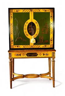 Vintage Robert Irwin Chinoiserie Lacquered Cabinet on Stand: Vintage Robert Irwin Chinoiserie Lacquered Cabinet on Stand, mid 20thc. The top with a pair of hinged doors decorated with chinoiseries in gold lacquer on the green and yellow ground, on a stand with