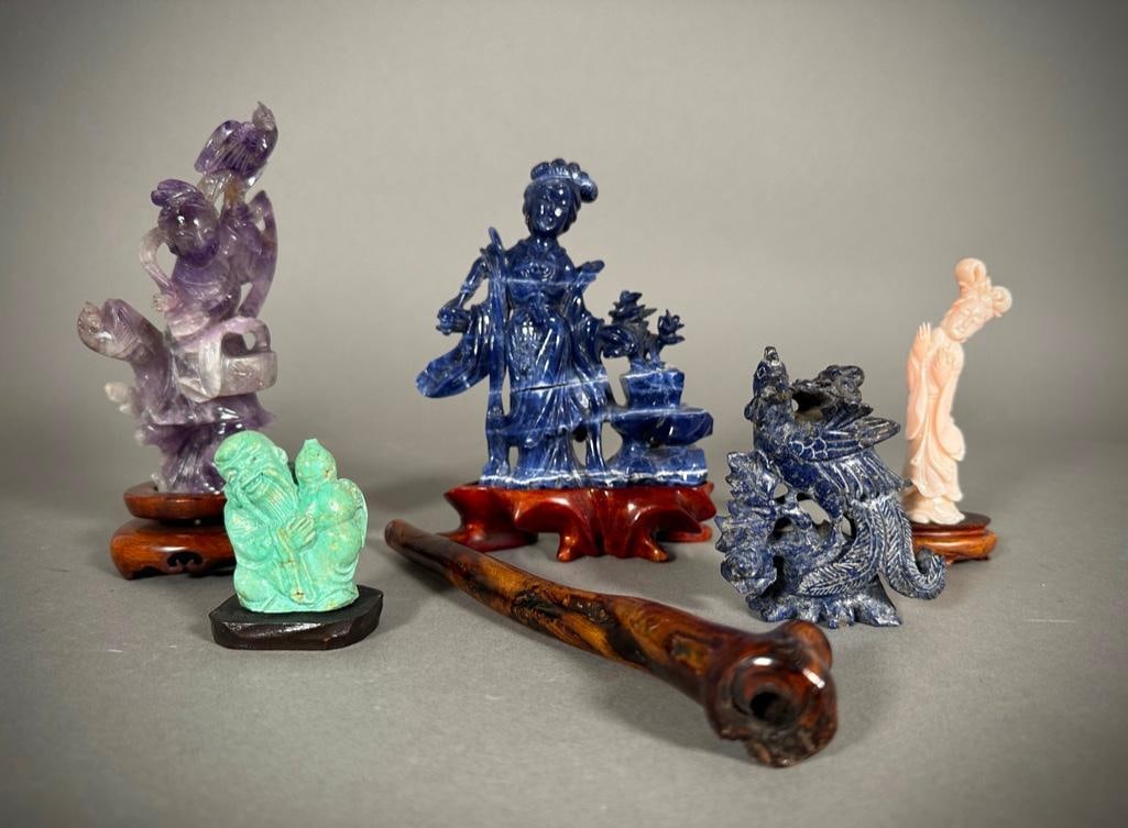 Five Chinese Carved Hardstone Figures and a Carved Wood Pipe (1 of 12)