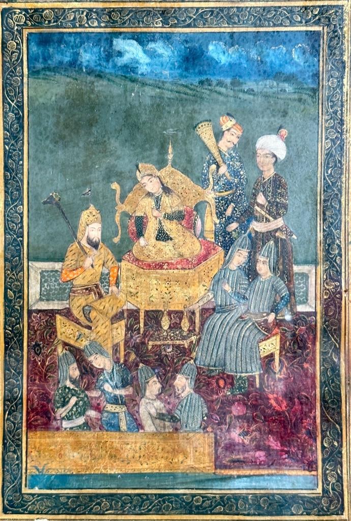Persian Painting of Couple Meeting in Garden: Persian or Mughal Painting of a Princess and Attendants, probably 18th century in date, represents a princess seated in a chair conversing with a man carrying a staff. They are surrounded by eight fig
