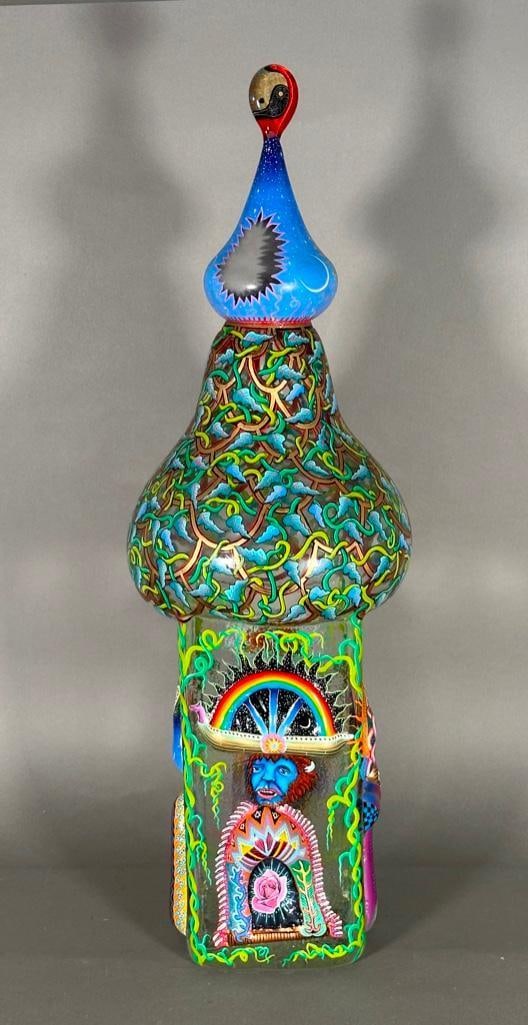 Robert Carlson Blown and Enameled Glass Sculpture, "Vas Hermeticum": Robert Carlson (American, b.1952) "Vas Hermeticum," 1990, hand blown, applied and hand enameled glass, incised signature to the base, dated 1990. Provenance: Francine and Benson Pilloff Collec