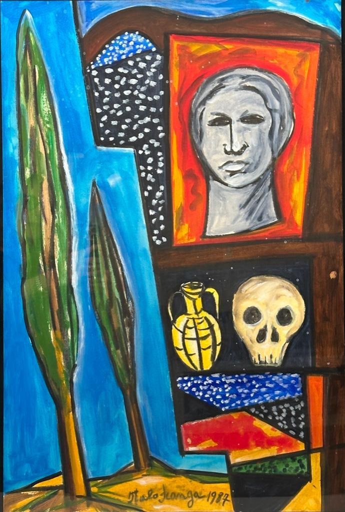 Italo Scanga Mixed Media, Cypress Trees, Skull and Head: Italo Scanga (Italian/American 1932-2001) Cypress Trees, Skull and Head, 1987, mixed media on paper, signed and dated lower center. Provenance: Francine and Benson Pilloff Collection. Dimensions: 29.5