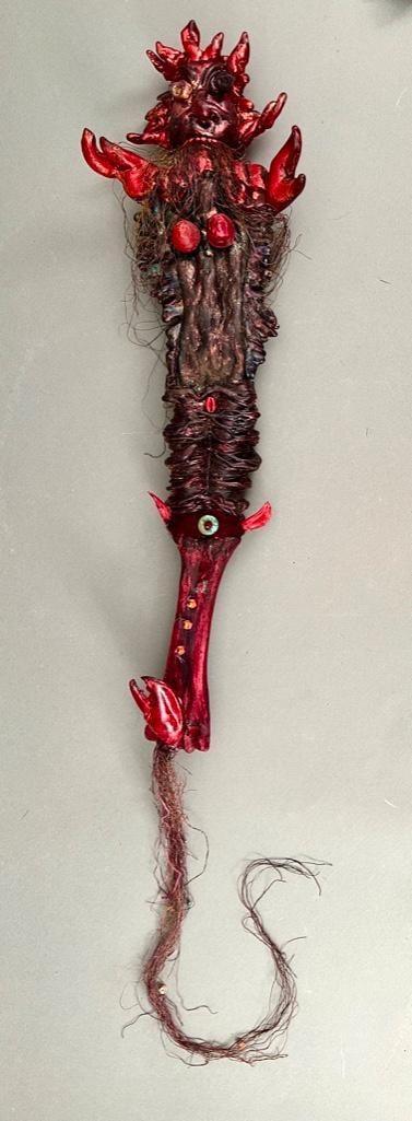 Laura Donefer Mixed Media Sculpture: Laura Donefer (Canadian/American b.1955) "Red Devil Woman," Figure from Witch Series, blown glass, turquoise, raffia, lobster claws. Provenance: Francine and Benson Pilloff Collection. Dimensi