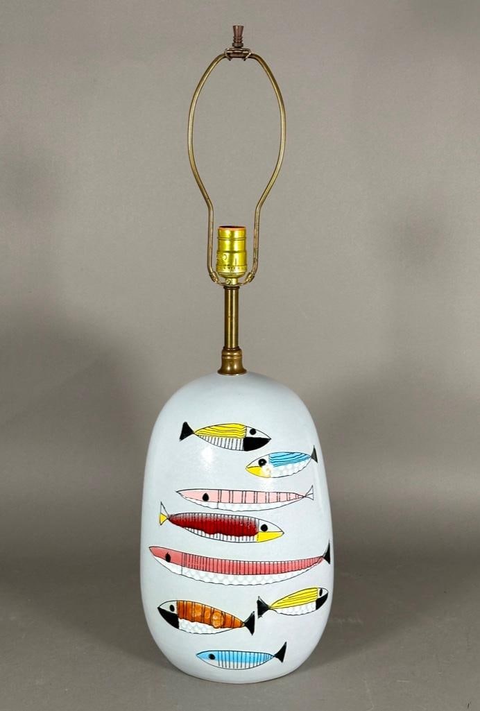 Aldo Londi for Bitossi, Raymor, Fish Table Lamp: Rare Aldo Londi for Bitossi, Raymor, Fish Table Lamp, ovoid form in pale gray glaze decorated with swimming fish to both sides. Signed Italy to base. Dimensions: 14 in.h. Condition: Very good with no