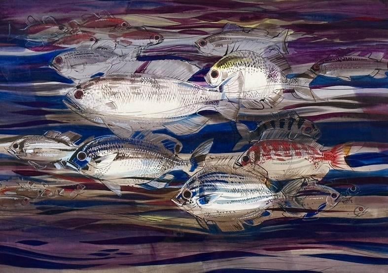 Viktor Schreckengost Watercolor, Fish in the Sea (1 of 11)