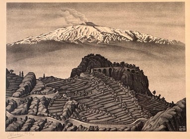 M.C. Escher Lithograph, "Castel Mola and Mount Etna, Sicily"