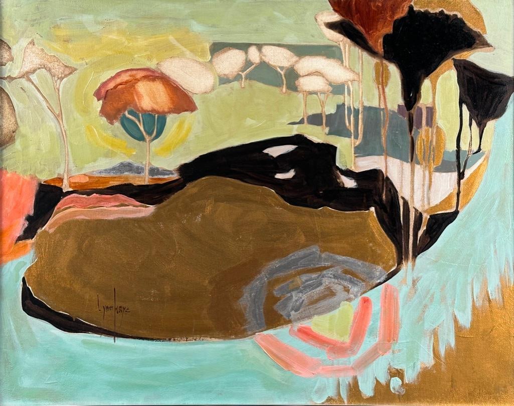 Lynn Kaye Oil, "Kyoto (Gold)": Lynn Kaye (American 1928-2014) "Kyoto (Gold)" oil and blowtorch on canvas, signed lower left, framed. Dimensions: 22 x 28 in. Condition: Very good.