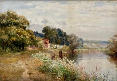 Agnes Turner Watercolor, River Scene with Cottage
