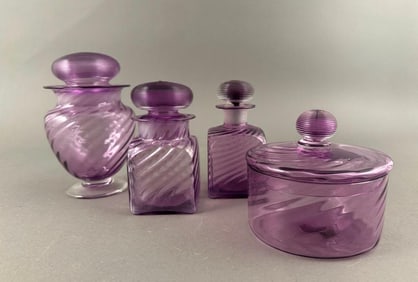 Steuben Amethyst Glass Rib Optic Glass Dresser Jars