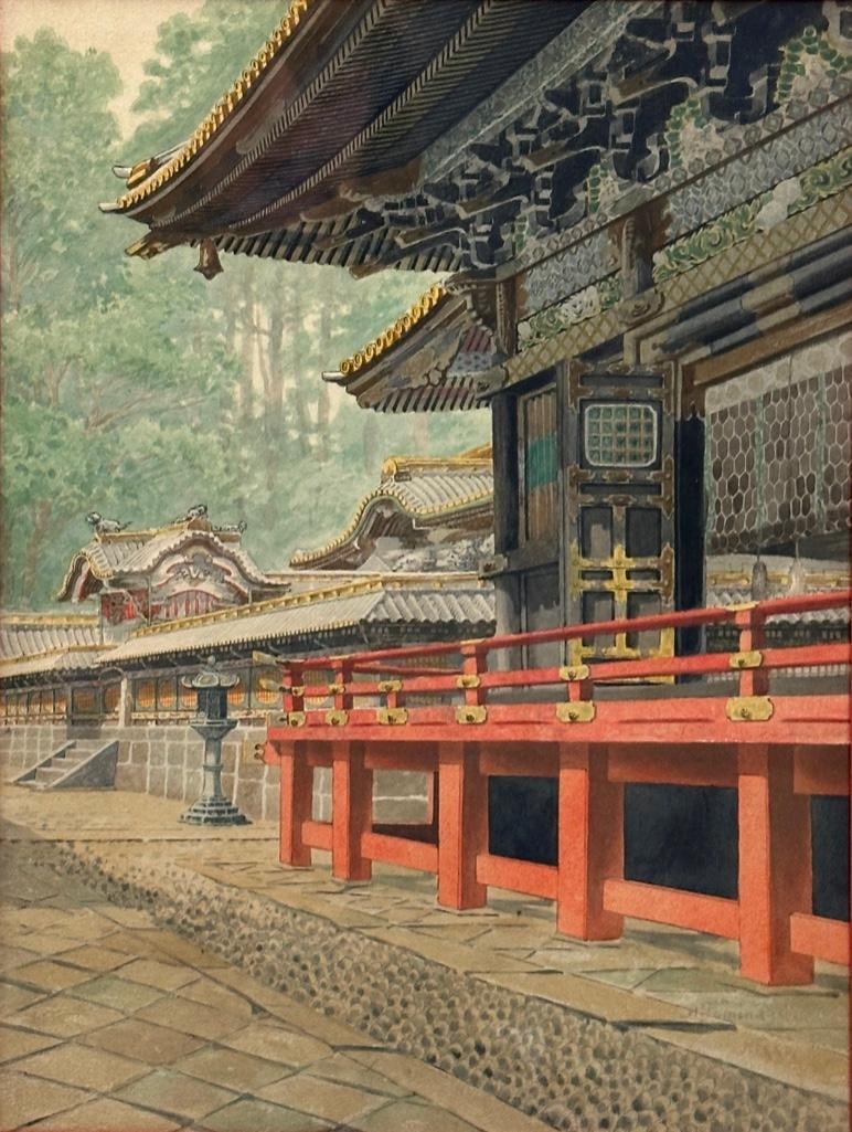 A. Tominaga Watercolor, Yomei Gate, Nikko Shrine: A. Tominaga (Japanese 20thc.) Yomei Gate and Nikko Shrine, watercolor on paper, signed lower A.Tominaga lower right , inscribed Nikko, matted and framed Dimensions: 13 x 9.5 in. image size, 20 x 16.5 