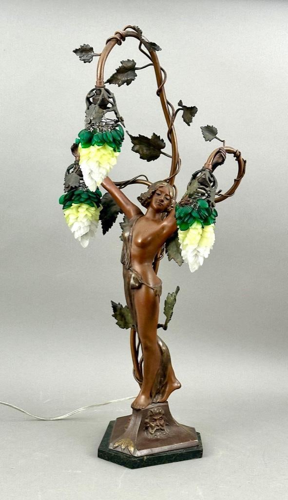 Austrian Art Nouveau Patinated Figural Nymph Lamp with Original Shades (1 of 12)