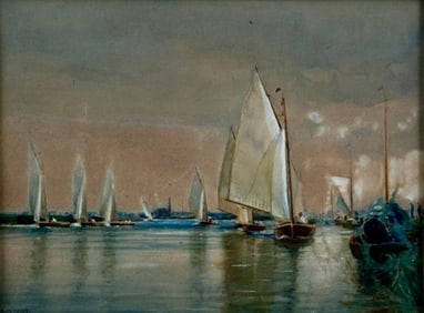 Charles Mayes Wigg Watercolor, Sailing Regatta, Norfolk