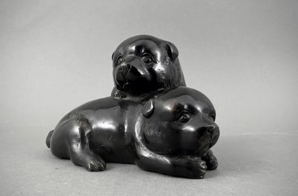 Japanese Bronze Figural Group of Two Puppies