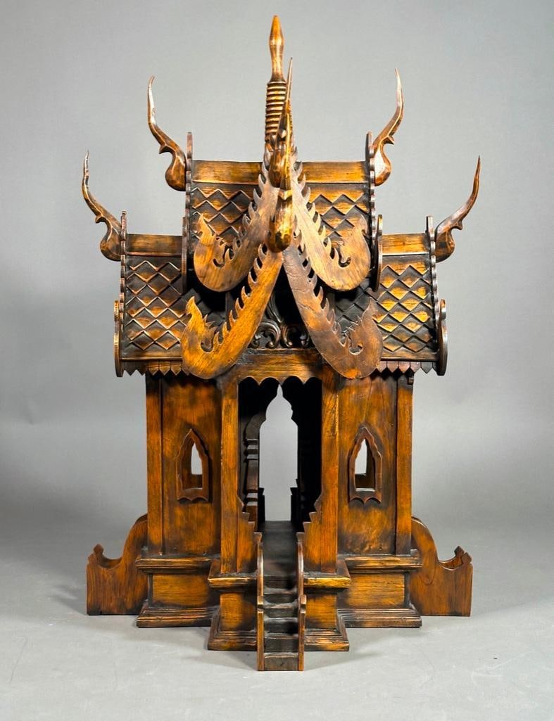 Wood Spirit House, Thailand: Wood Spirit House, Thailand. Four sided house with double gabled roof and a door with steps on each side. Dimensions: 33.5 in.h. x 23 in. w. x 22 in. d. Condition: Very good