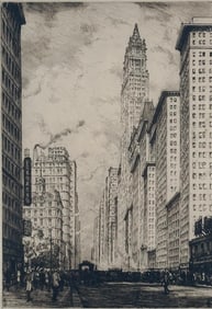T.F. Simon Etching, "Broadway and The Woolworth Building, New York"