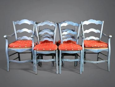 Six Blue Painted French Provincial Style Rush Seat Dining Chairs