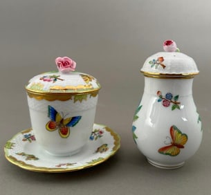 Herend Queen Victoria Green Sugar Shaker and Jam Jar on Stand