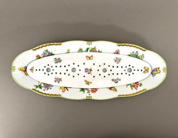 Herend Queen Victoria Green Fish Platter and Strainer