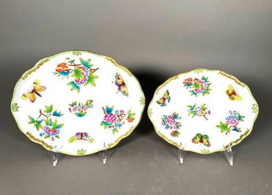 Two Herend Queen Victoria Green Oval Serving Dishes