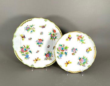 Two Herend Queen Victoria Green Round Serving Dishes