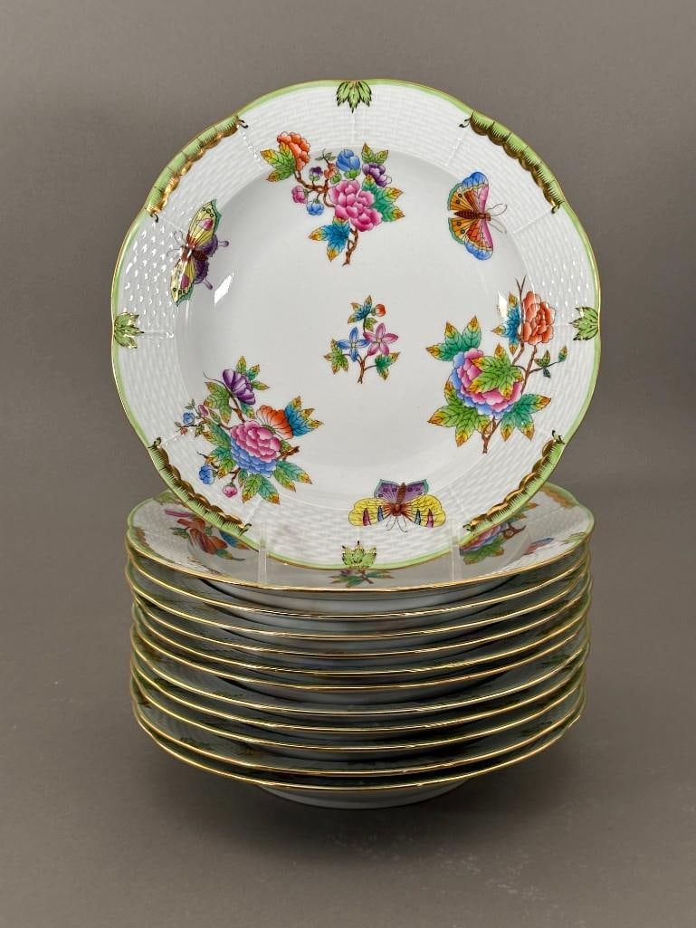Twelve Herend Queen Victoria Green Soup Bowls: Twelve Herend Queen Victoria Green Soup Bowls. Dimensions: 9.5 in. dia. Condition: Very good with no damage or restoration. Like new condition.
