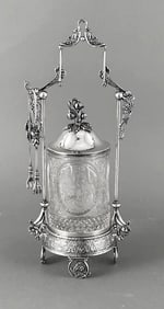 Early American Pressed Glass Pickle Caster in Meriden Plate Stand