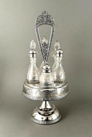 Victorian Meriden Silverplate Cruet Stand with Engraved Bottles