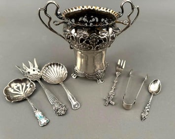 Assorted Sterling Utensils and Art Nouveau Silver Spooner