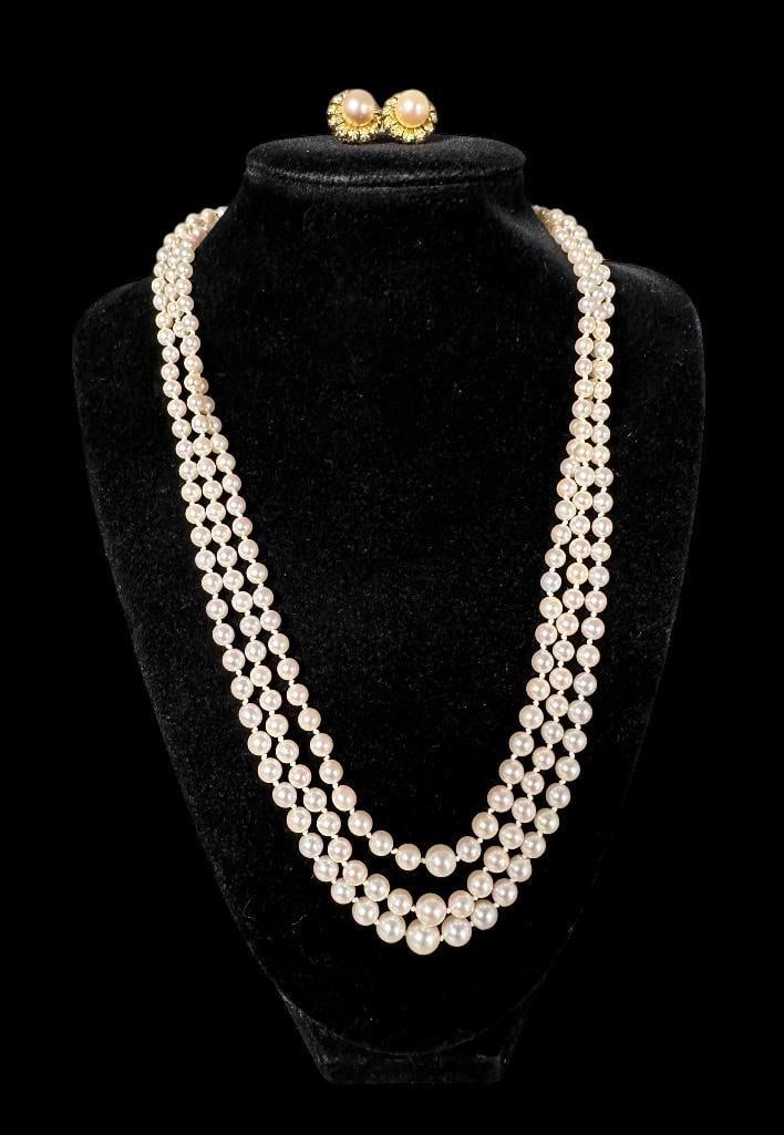 Three Strand Cultured Pearl Necklace and Earrings (1 of 7)