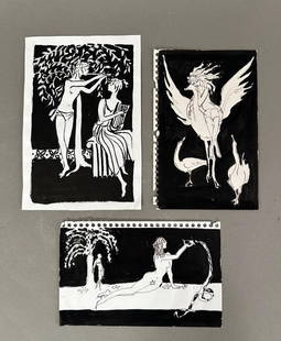 Algesa O'Sickey, Three Black and White Studies: Algesa O'Sickey (American 1917-2006) Three Black and White Studies; Nude with Snake, Muse Riding Large Bird and Pan and Terpsichore, marker and india ink on paper, unframed. Provenance: The