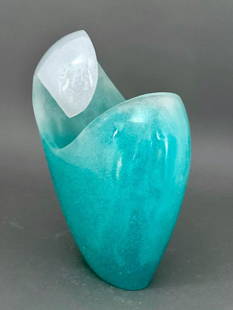Daum Pate de Verre Vase, "The Wave": Daum Pate de Verre Vase, "The Wave, " pate de verre in turquoise bubbled glass shading to white at the top of the form. Incised signature Daum, France to base. Dimensions: 12 x 8.5 x 6 in. 
