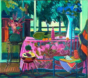 Joseph B. O'Sickey Oil, Porch Still Life: Joseph B. O'Sickey (American 1918-2013) Porch Still Life, 2012, oil on canvas, signed and dated lower right, unframed. Provenance: The Estate of Joseph and Algesa O'Sickey, sold to benefit
