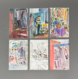Algesa O'Sickey, Six Watercolor Studies: Algesa O'Sickey (American 1917-2006) Six Watercolor Studies, Landscapes and Markets, South of France and Interior Scenes, unframed. Provenance: The Estate of Joseph and Algesa O'Sickey, sold