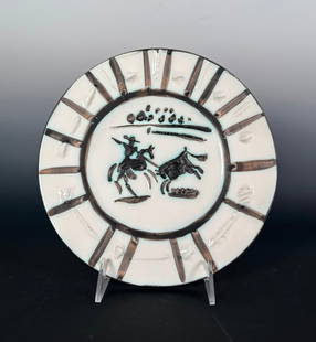 Pablo Picasso Madoura Ceramic Plate, "Picador": Pablo Picasso (Spanish 1881-1973) "Picador, " 1953, white earthenware with black oxide and white enamel glaze, numbered in black enamel glaze 117/200, impressed "Empreinte Originale de