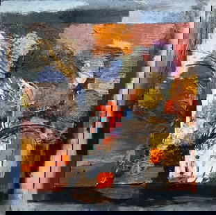 Seong Moy Oil, "View From the Window # 13": Seong Moy (Chinese/American 1921-2013) "View From the Window #13," oil and mixed media collage on masonite, signed lower right, illegibly dated(7*?) framed. Dimensions: 12 x 12 in. panel size,