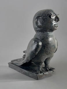 Bird-man Ceramic Sculpture: Ceramic sculpture, with black glaze, incised signature underneath, illegibly signed and dated 1997. Measures 22"T x 25"L x 12"W. Condition: very good; no damage or repairs.