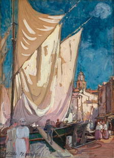 Herman Henry Wessel Gouache, "St. Tropez": Herman Henry Wessel (American 1878-1969) "St. Tropez, " gouache and graphite on cardboard, signed and titled lower left, matted and framed. Dimensions: 9.25 x 7 in. image size, Condition: Toned.