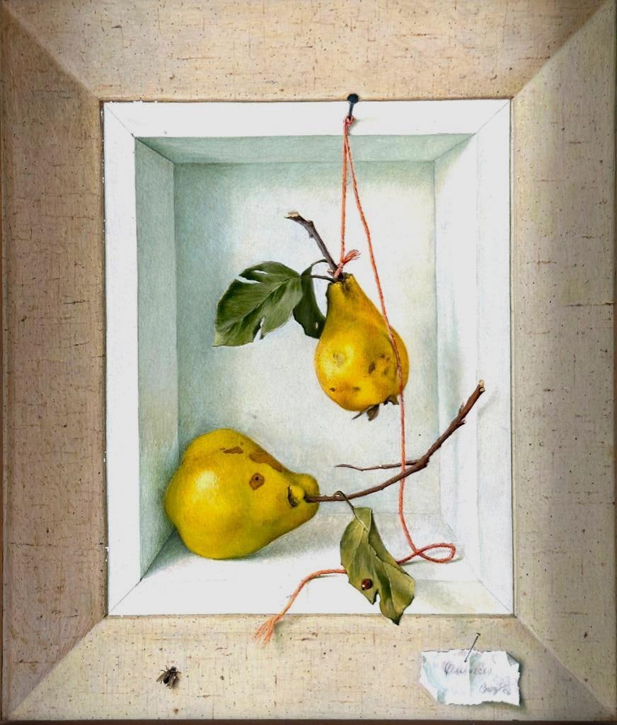 Emilio Baz Viaud Tempera, "Quinces": Emilio Baz Viaud (Mexican 1918-1991) "Quinces," 1956, tempera on cardboard, titled, signed Baz and dated '56 lower right, framed. Dimensions: 14 x 11.75 in. Condition: Some tiny losses to