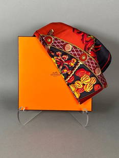 Hermes Silk Twill Scarf in Box, "Aux Pays Des Epices": Hermes Silk Twill Scarf in Box, "Aux Pays Des Epices, " 2001, designed by Annie Faivre, in gold, brown, red navy blue, olive green, yellow and purple. Titled and signed Hermes-Paris, with Herm