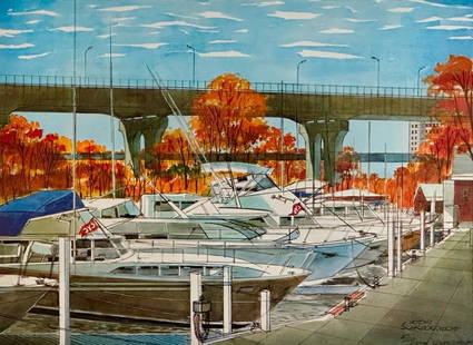 Viktor Schreckengost Lithograph, The Cleveland Yacht Club: Viktor Schreckengost (American 1906-2008) The Cleveland Yacht Club, 1980, offset lithograph, signed in the plate, signed and numbered 5/110 in ink lower right, Matted and framed. Dimensions: 16-3/4