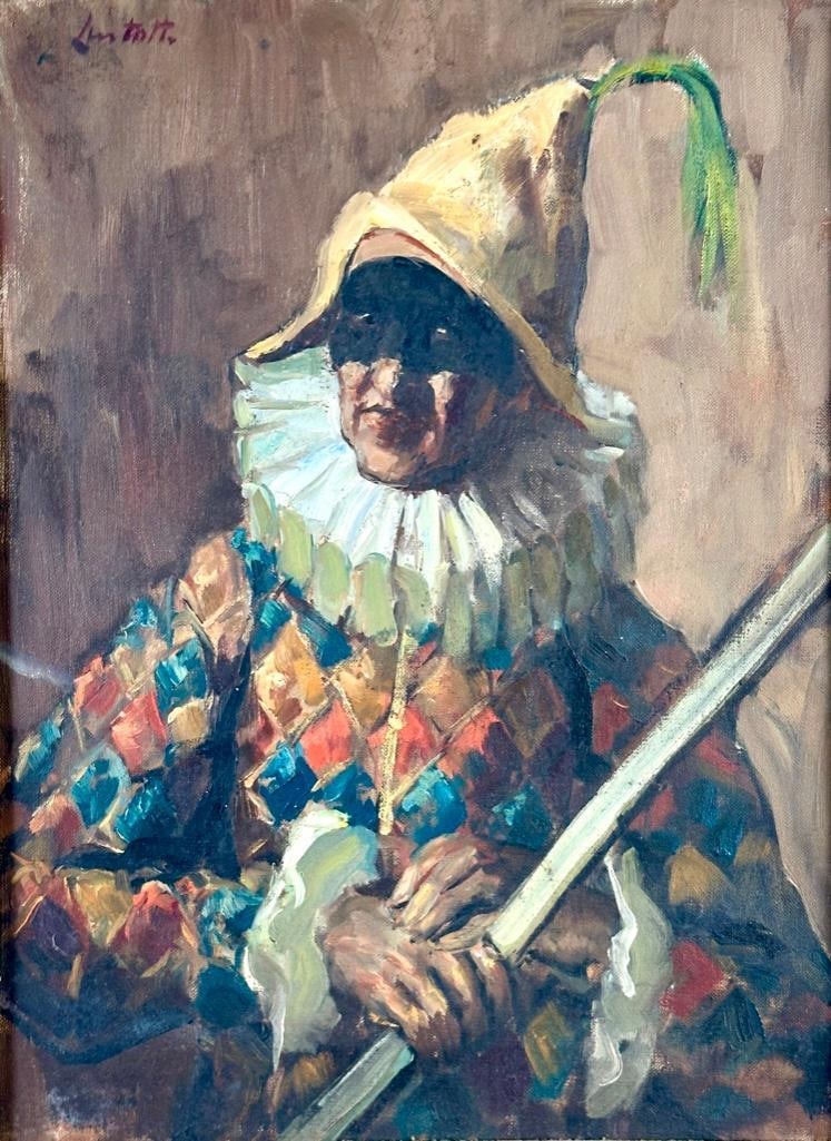 Edward Barnard Lintott Oil, "Pierrot": Edward Barnard Lintott (American 1875-1951) "Pierrot," 1951, oil on canvas, signed upper left, signed and titled to stretcher verso, framed. Dimensions: 16.5 x 11.5 in. canvas size, 21.5 x 17.