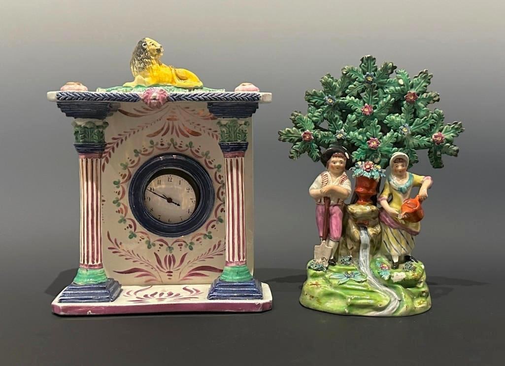 English Pink Lustre Ware Watch Safe and Staffordshire Bocage Figure (1 of 18)
